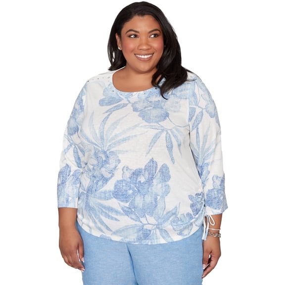 Alfred Dunner Womens Plus-Size Monotone Dramatic Floral Tropical Top
