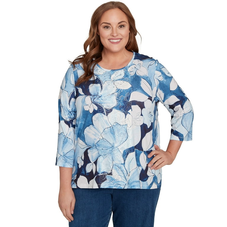 Alfred Dunner Womens Plus-Size Monotone Floral Embellished Top