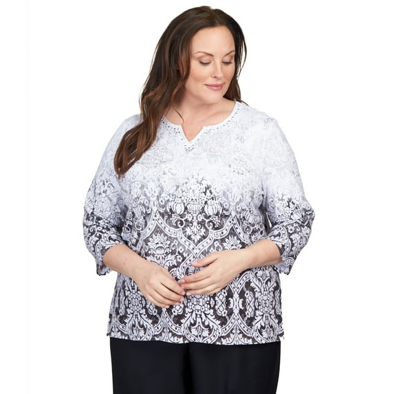 Alfred Dunner Womens Plus-Size Ombre Medallion Split Neck Top