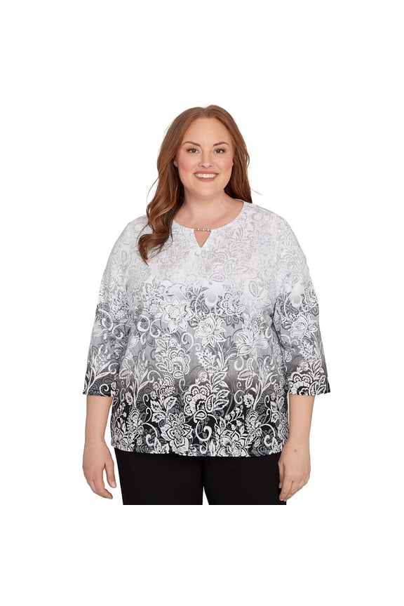 Womens Plus-Size Ombre Scroll Split Beaded Neck Top