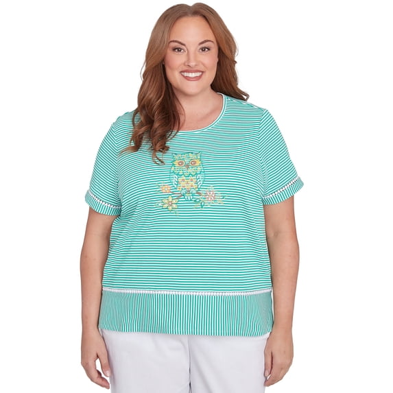 Alfred Dunner Womens Plus-Size Owl Knit Striped Tee