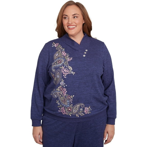 Alfred Dunner Womens Plus-Size Paisley Embroidered Envelope Neck Top