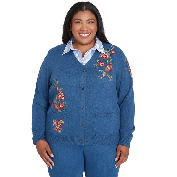 Alfred Dunner Womens Plus-Size Paisley Floral Two In One Collared Cardigan Sweater