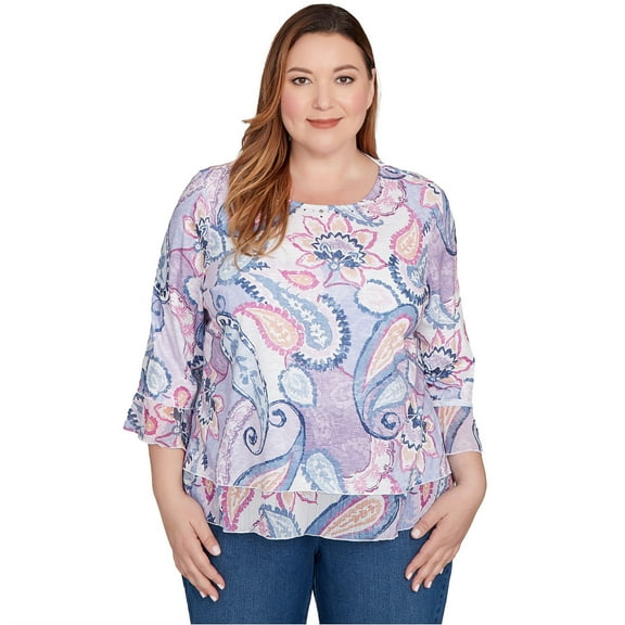 Alfred Dunner Womens Plus-Size Paisley Print Layered Hem Knit Top