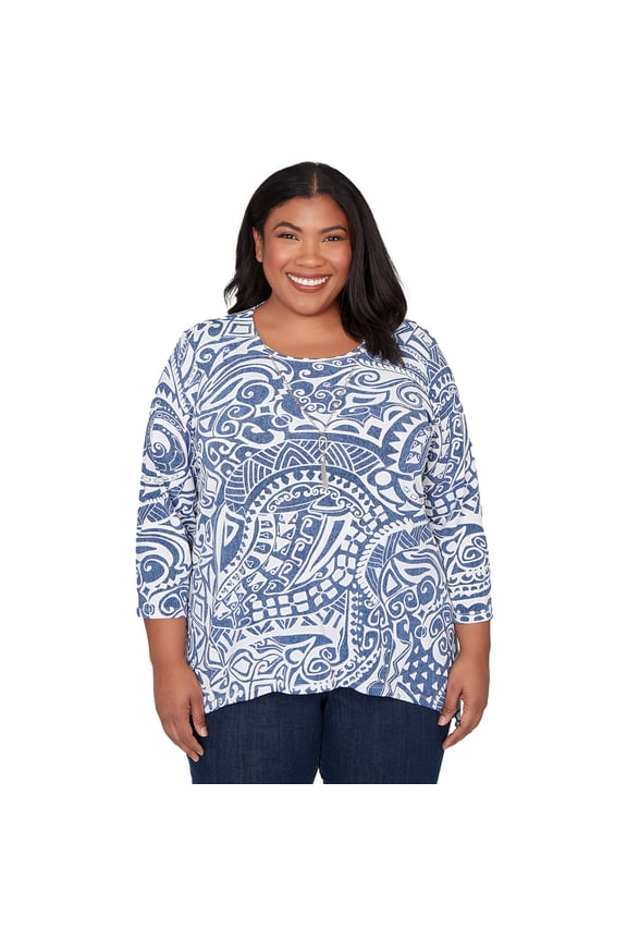 Womens Plus-Size Paisley Swirl Sharkbite Hem Top With Necklace