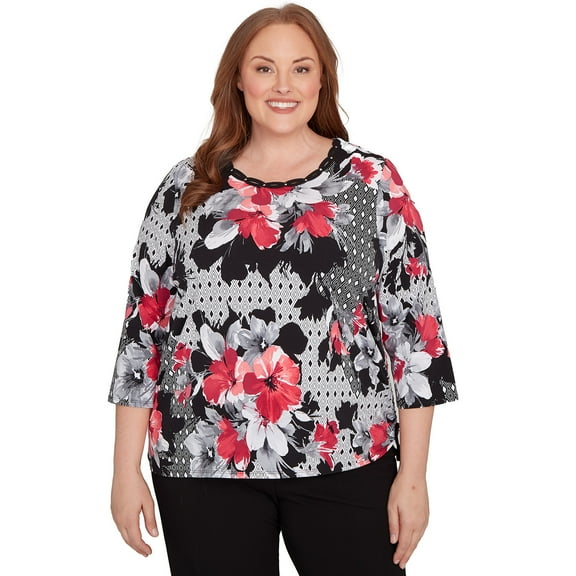 Alfred Dunner Womens Plus-Size Patchwork Diamond Floral Top