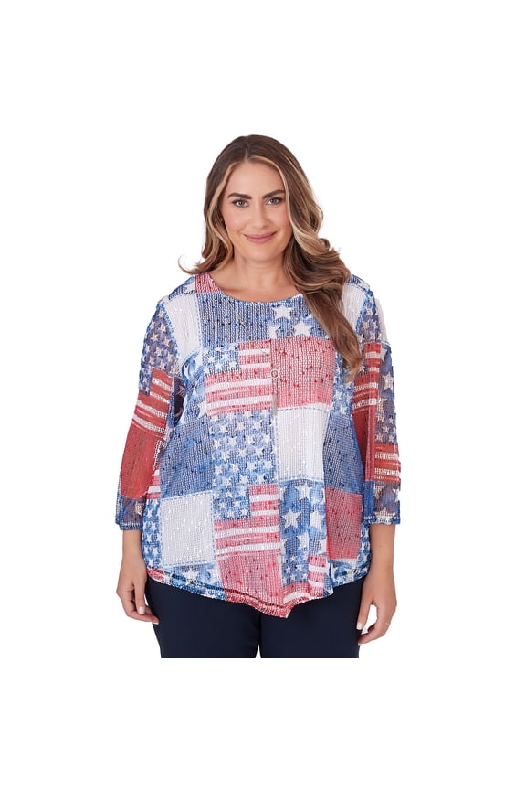Womens Plus-Size Patchwork Flag Mesh Top With Necklace
