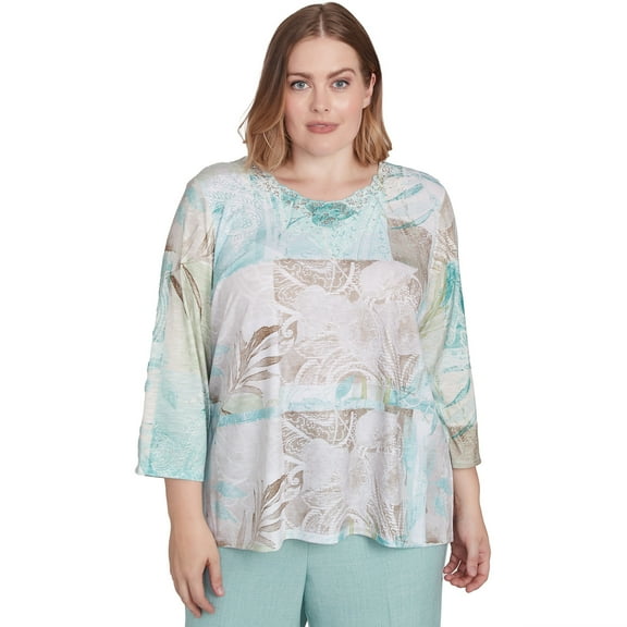 Alfred Dunner Womens Plus-Size Patchwork Leaves Textured Top