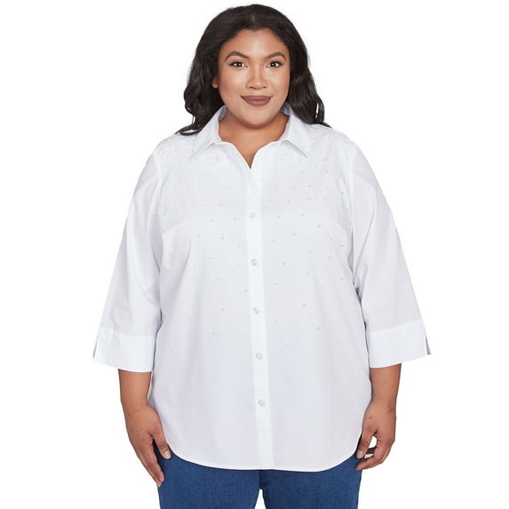 Alfred Dunner Womens Plus-Size Pearl Studded Button Down Top