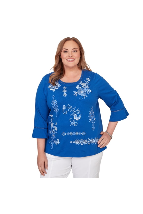 Womens Plus-Size Placed Floral Medallion Embroidered Top