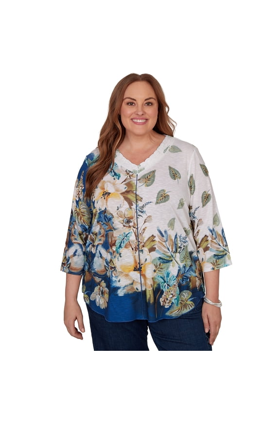 Womens Plus-Size Placed Texture Floral Knit Top