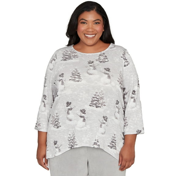 Alfred Dunner Womens Plus-Size Playful Snowmen Scene Knit Top