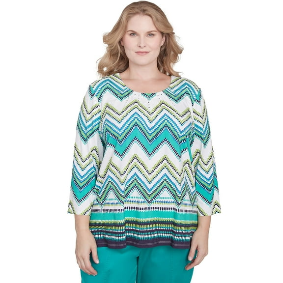 Alfred Dunner Womens Plus-Size Pleated Neckline Chevron Top