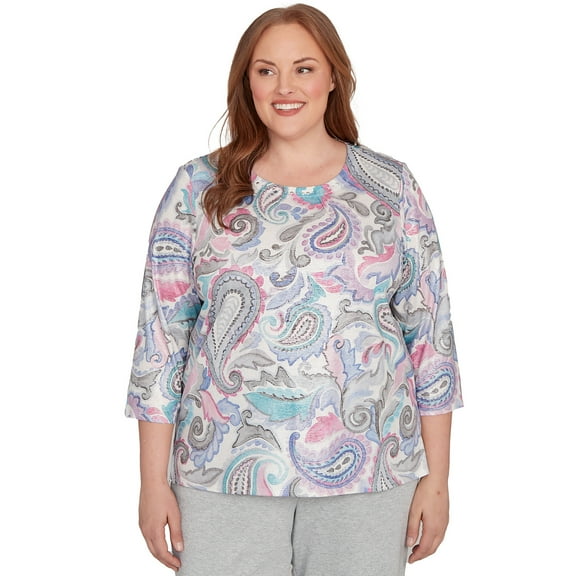 Alfred Dunner Womens Plus-Size Pleated Paisley Crew Neck Top