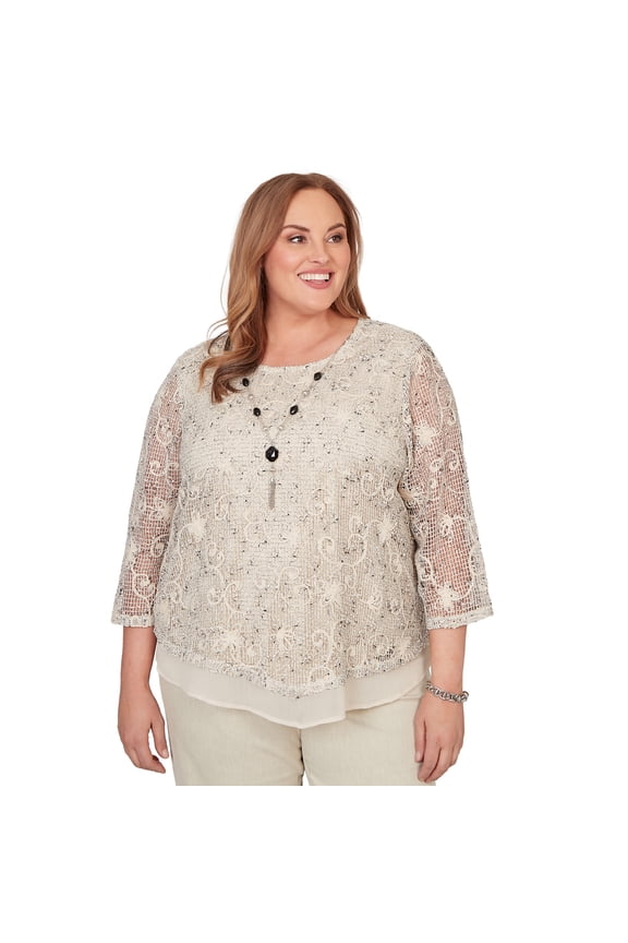 Womens Plus-Size Popcorn Mesh Pointed Hem Top With Necklace
