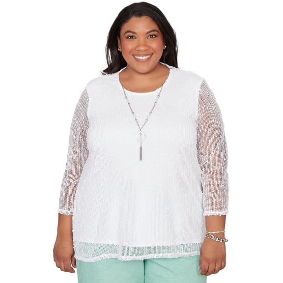 Alfred Dunner Womens Plus-Size Popcorn Mesh Solid Top With Necklace