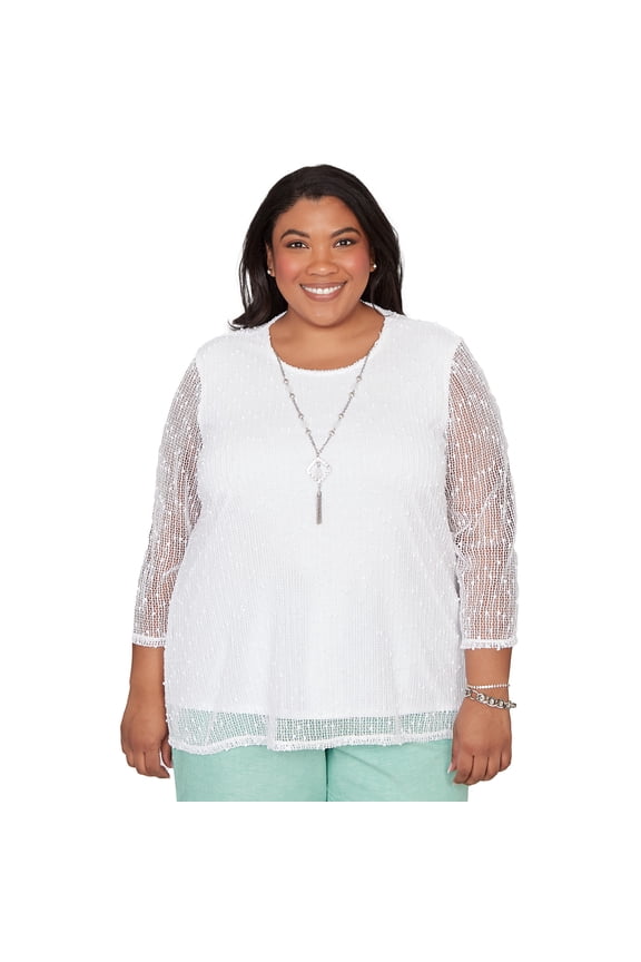 Womens Plus-Size Popcorn Mesh Solid Top With Necklace