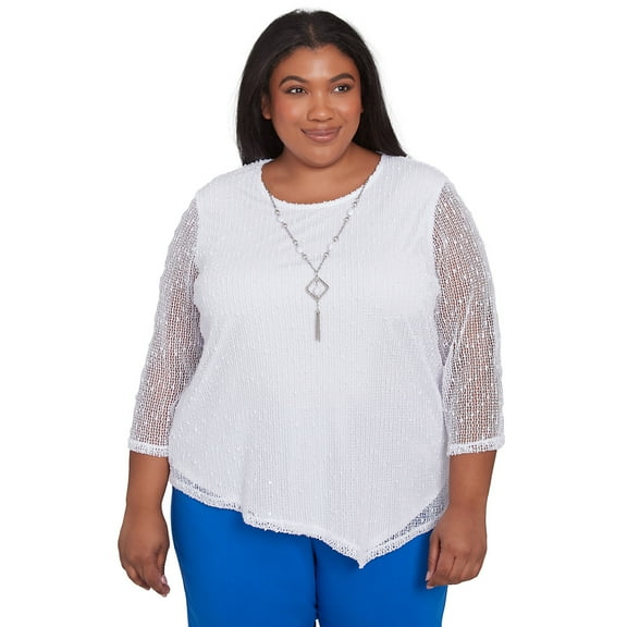 Alfred Dunner Womens Plus-Size Popcorn Mesh Top With Necklace