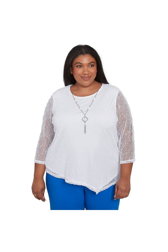Womens Plus-Size Popcorn Mesh Top With Necklace