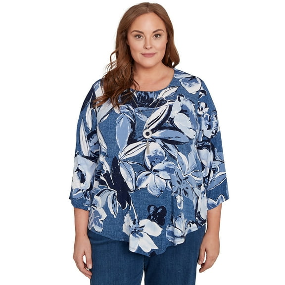 Alfred Dunner Womens Plus-Size Puff Print Denim Floral Top