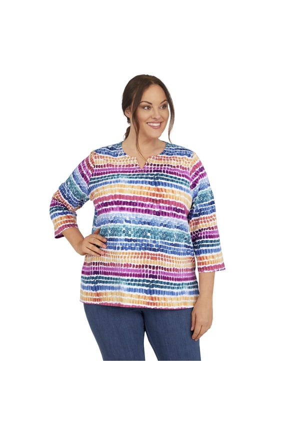 Womens Plus-Size Rainbow Dot Split Neck Top