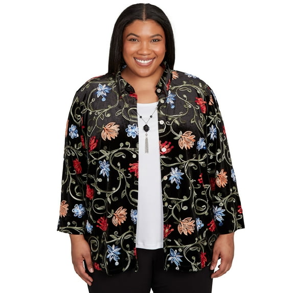 Alfred Dunner Womens Plus-Size Rich Velvet Floral Two In One Top With Necklace