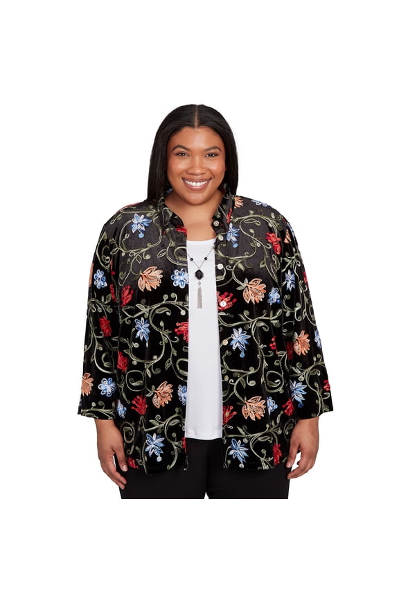 Womens Plus-Size Rich Velvet Floral Two In One Top With Necklace