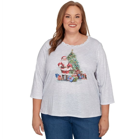 Alfred Dunner Womens Plus-Size Santa And Tree Print Top