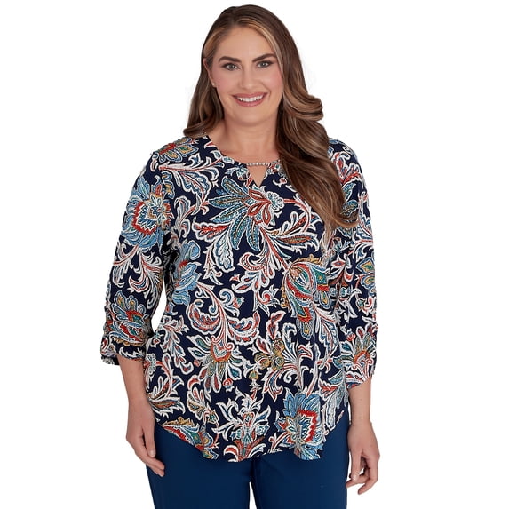 Alfred Dunner Womens Plus-Size Scroll Three Quarter Ruched Sleeve Top