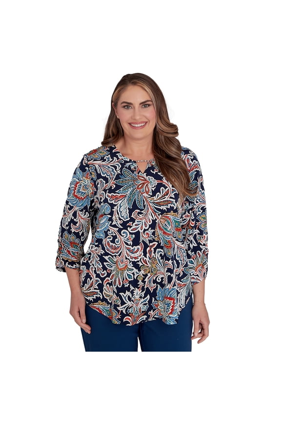 Womens Plus-Size  Scroll Three Quarter Ruched Sleeve Top