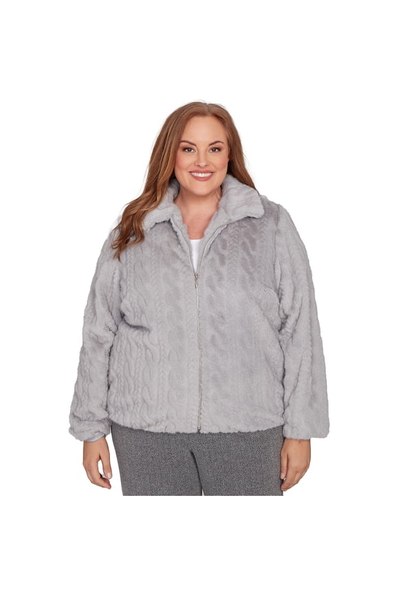 Womens Plus-Size Sculpted Faux Fur Zip Up Jacket