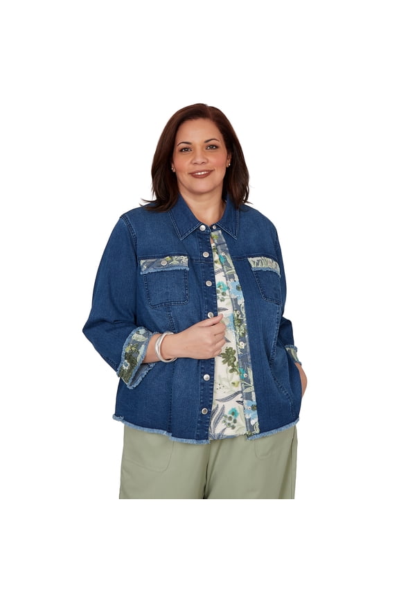Womens Plus-Size Sequin Embellished Stretch Denim Jacket