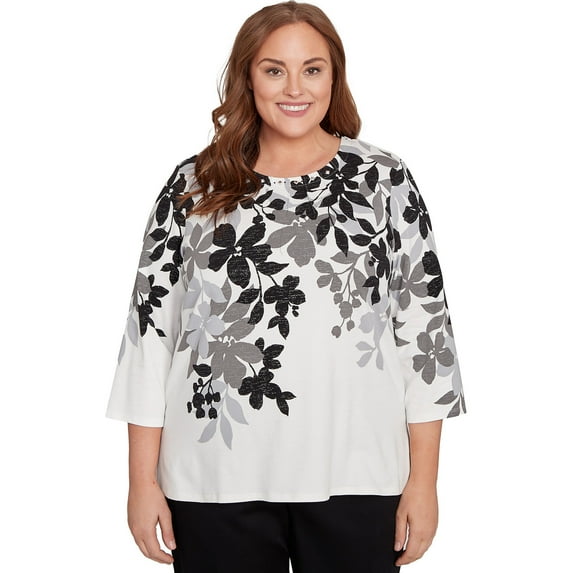 Alfred Dunner Womens Plus-Size Shadow Leaf Three Quarter Sleeve Top