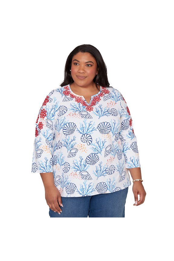Womens Plus-Size Shell Print Embroidered Top