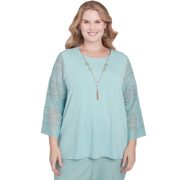 Alfred Dunner Womens Plus-Size Solid Lace Sleeve Knit Top With Necklace