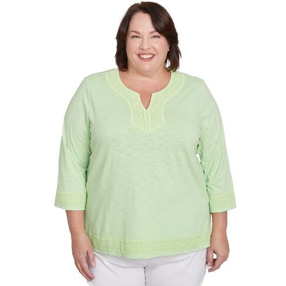 Alfred Dunner Womens Plus-Size Solid Split Neck Lace Trim Top