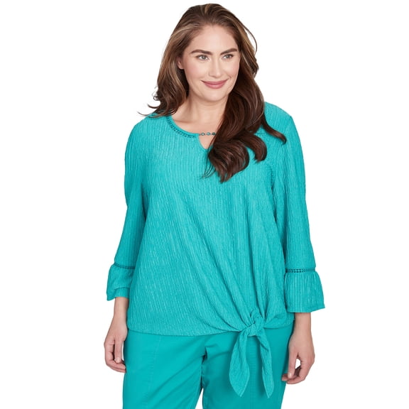 Alfred Dunner Womens Plus-Size Solid Tie Front Bell Sleeve Top
