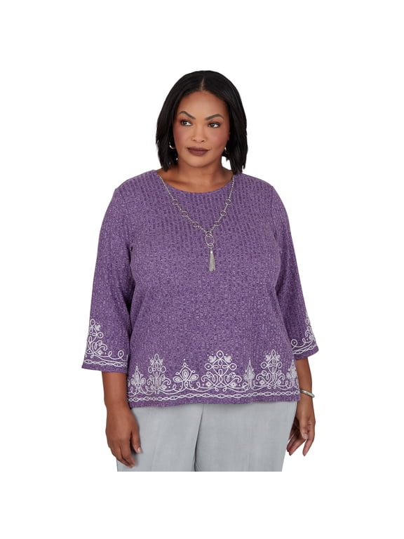 Womens Plus-Size Soutache Border Knit Top With Necklace