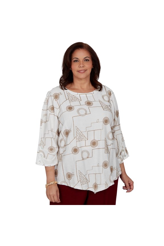 Womens Plus-Size Sparkle Soutache Geo Floral Top