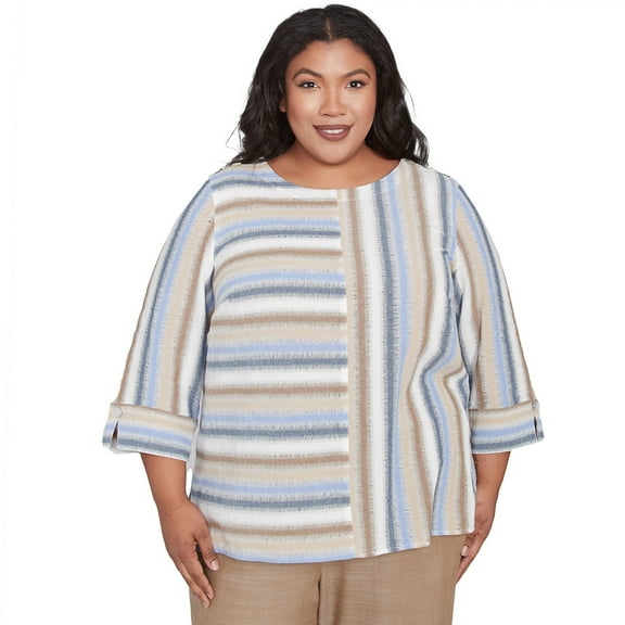 Alfred Dunner Womens Plus-Size Spliced Stripe Button Shoulder Top