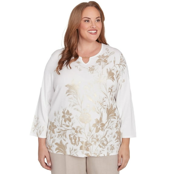 Alfred Dunner Womens Plus-Size Split Neck Botanical Gold Foil Print Sweater