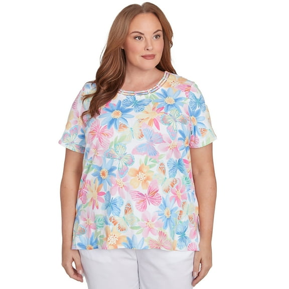 Alfred Dunner Womens Plus-Size Spring Butterfly Crew Neck Top