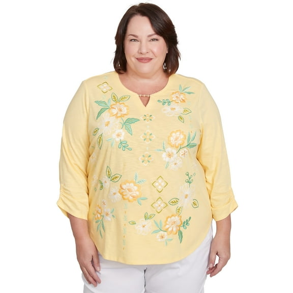 Alfred Dunner Womens Plus-Size Sunny Floral Embroidered Split Neck Top