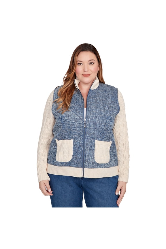 Womens Plus-Size Sweater Ribbed Quilted Jacket