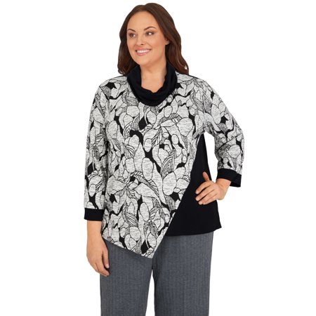 Alfred Dunner Womens Plus-Size Texture Spliced Asymmetrical Hemline Cowl Neck Top