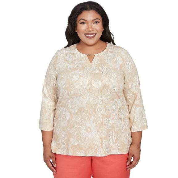 Alfred Dunner Womens Plus-Size Textured Floral Foil Accent Top