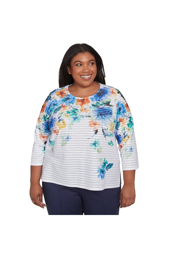 Womens Plus-Size Textured Floral Neckline Top