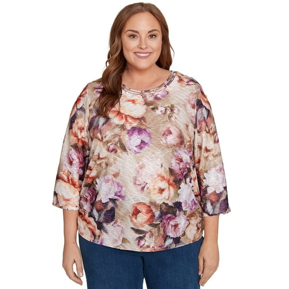 Alfred Dunner Womens Plus-Size Textured Floral Ruched Sides Top