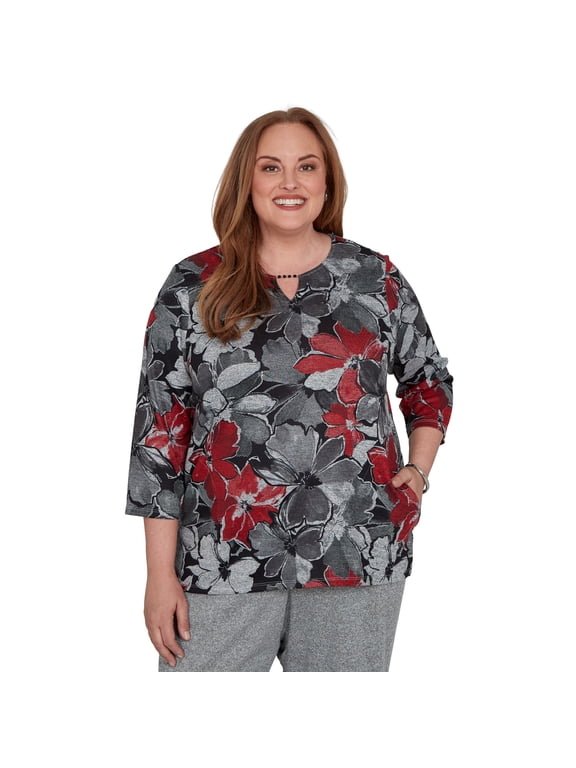 Womens Plus-Size Textured Floral Split Neck Pocket Top