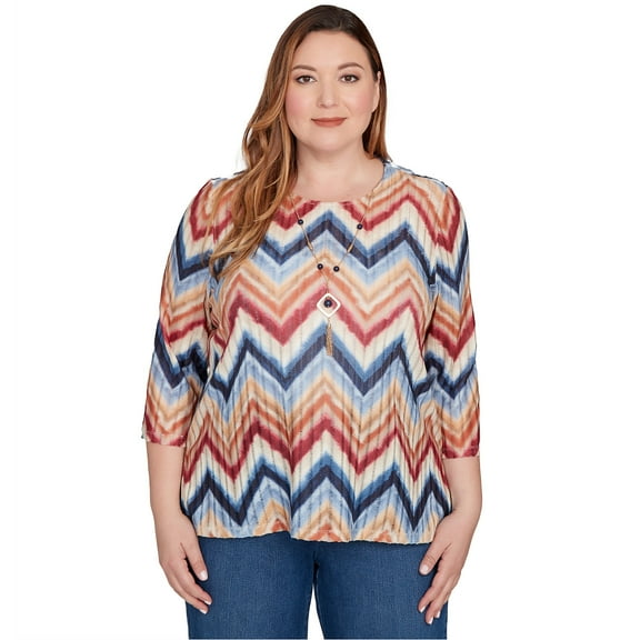 Alfred Dunner Womens Plus-Size Textured Knit Chevron Top With Necklace
